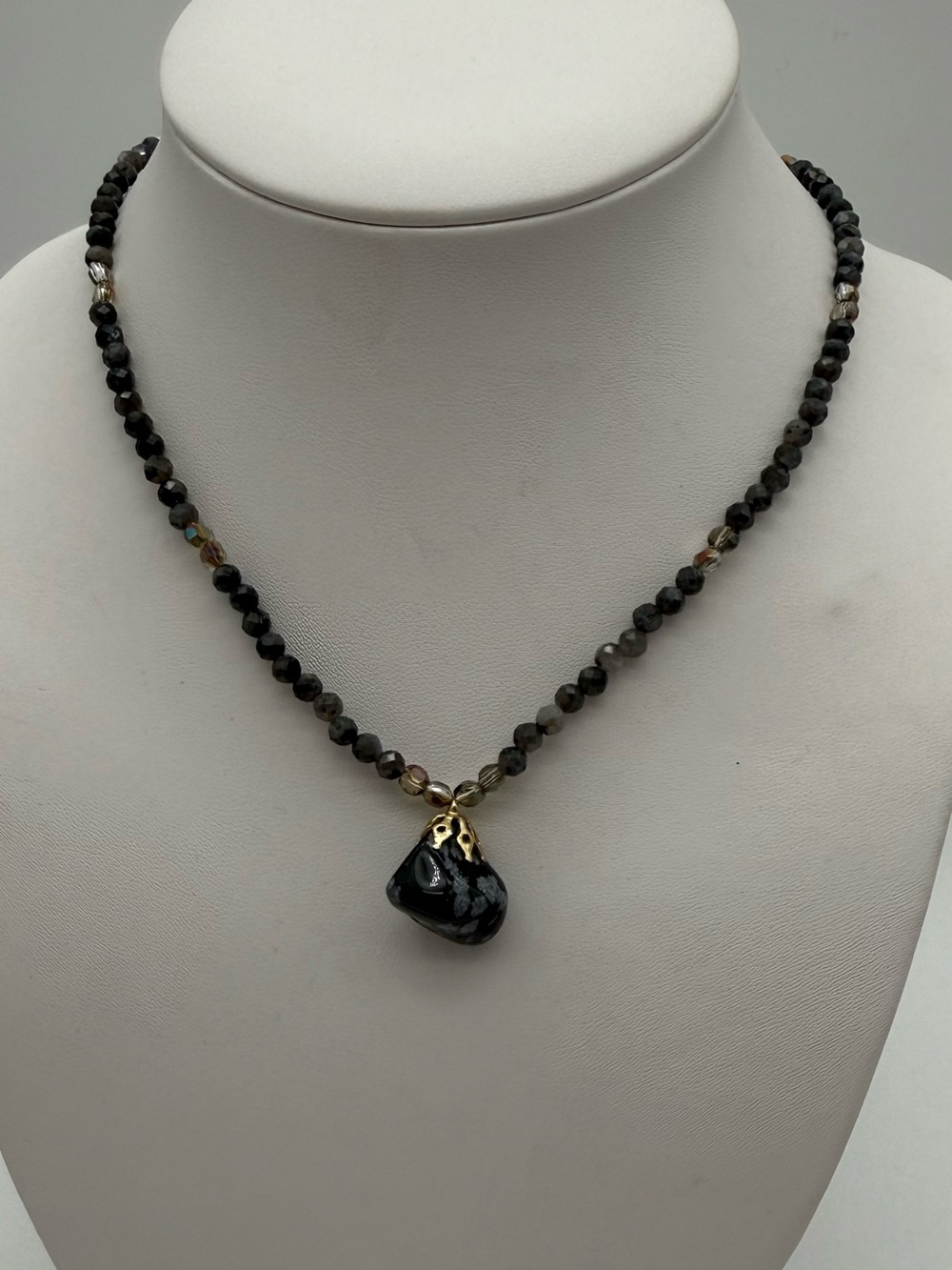 Artisan Snowflake Obsidian Bead Necklace with Nugget Pendant - Picture 2 of 5